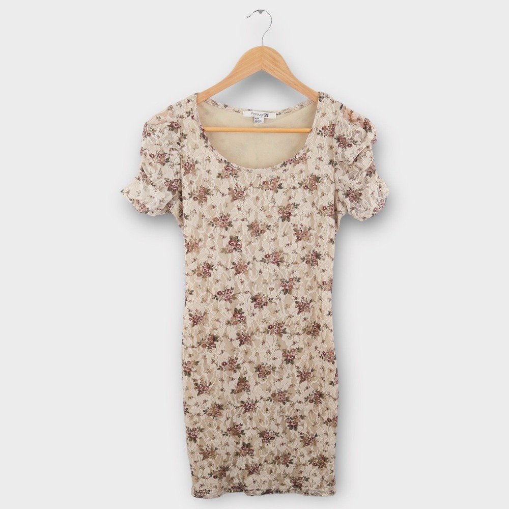 Floral Lace Mini Dress Womens Cottagecore Sheer Overlay Bodycon Cream M